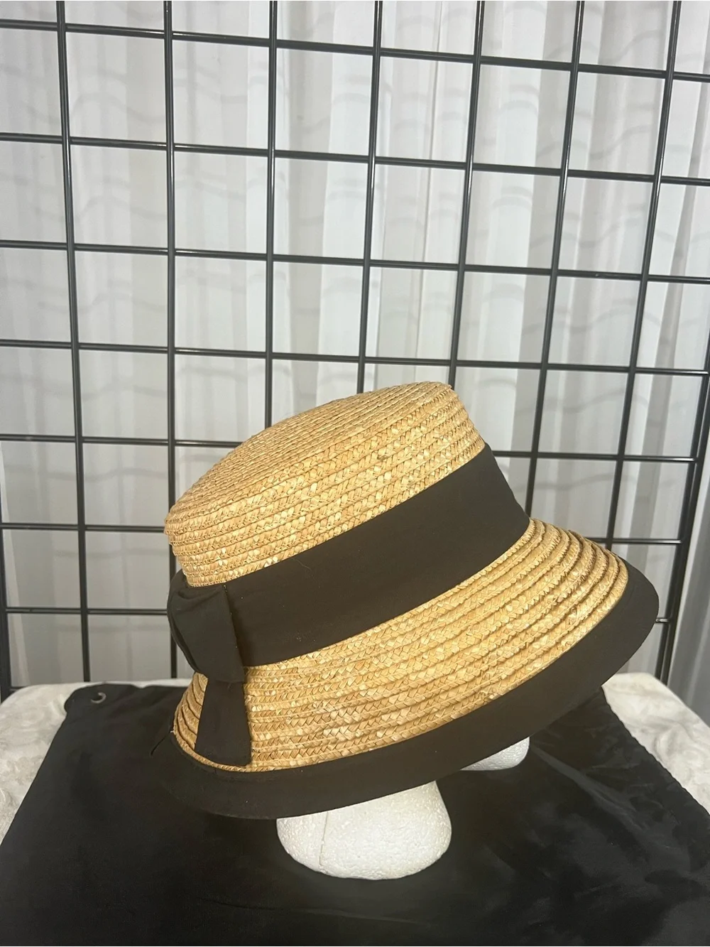 VINTAGE Macy’s Straw Bucket Hat with Black Bands and Bow